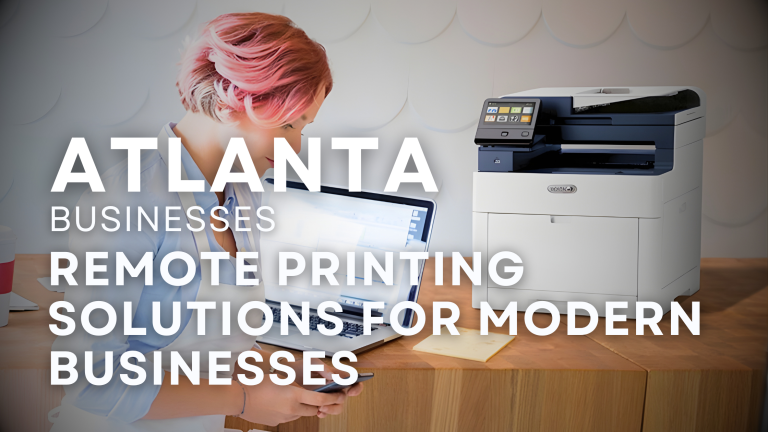 Technician assisting an office employee with a multifunction copier in an Atlanta business setting