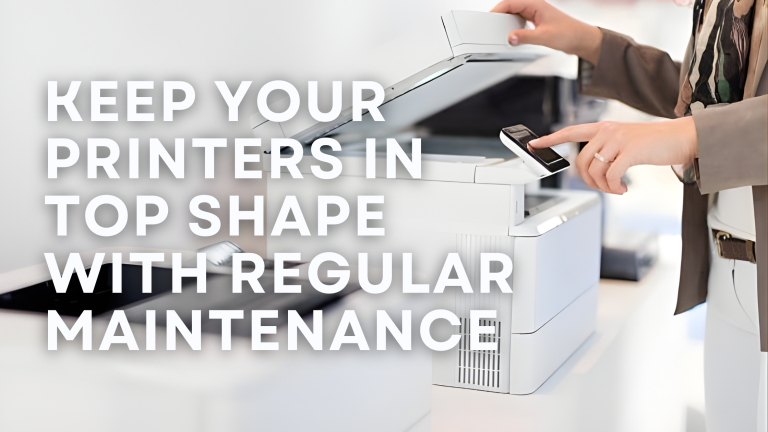 Woman operating a multifunction printer/copier, with the document feeder lid open for regular printer maintenance