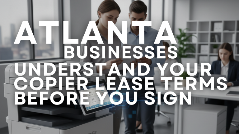 Business professionals reviewing copier lease agreement terms near a modern office copier in Atlanta