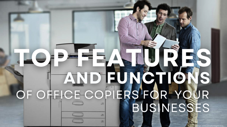 Modern office copier with touchscreen displaying high-quality print options and connectivity features