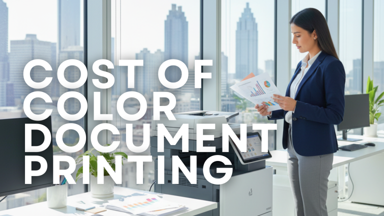 Office worker reviewing color-printed documents beside a multifunction printer in a modern Atlanta office.