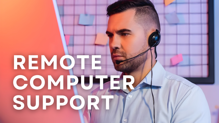 Technician providing remote computer support to a business in Atlanta using a laptop and headset