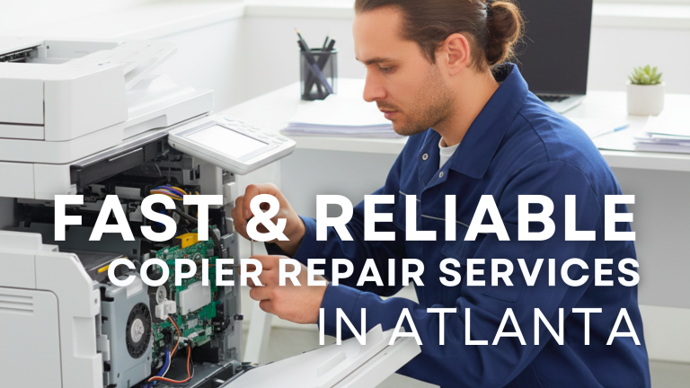 Technician repairing office copier in Atlanta office workspace
