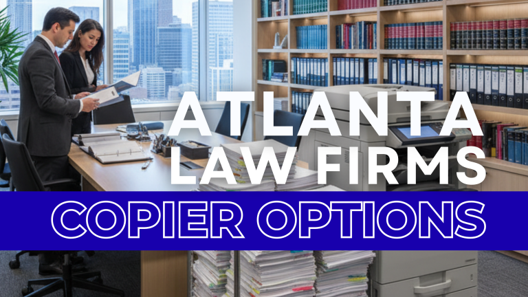 Atlanta law office with attorneys reviewing legal documents beside a modern copier.