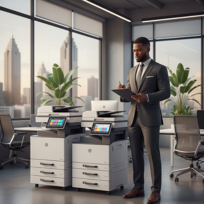 Manager reviewing office equipment leasing contract beside new copier and printer in Atlanta office.