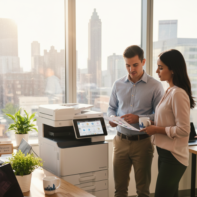 Modern copier in an Atlanta small business office with employees collaborating nearby.