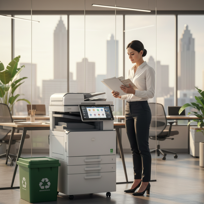 Eco-friendly copier in a modern Atlanta office used for sustainable business printing solutions.