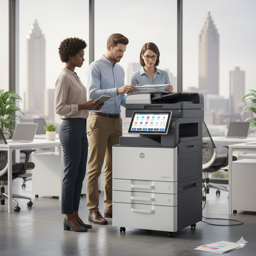 Office employees using a modern photocopier machine in an Atlanta workspace.