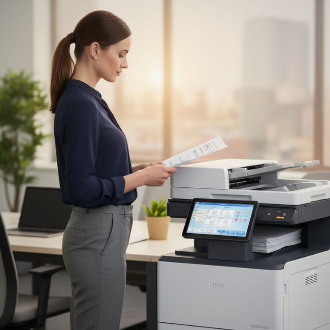 Business professional using a modern leased printer in an Atlanta office with city skyline view.