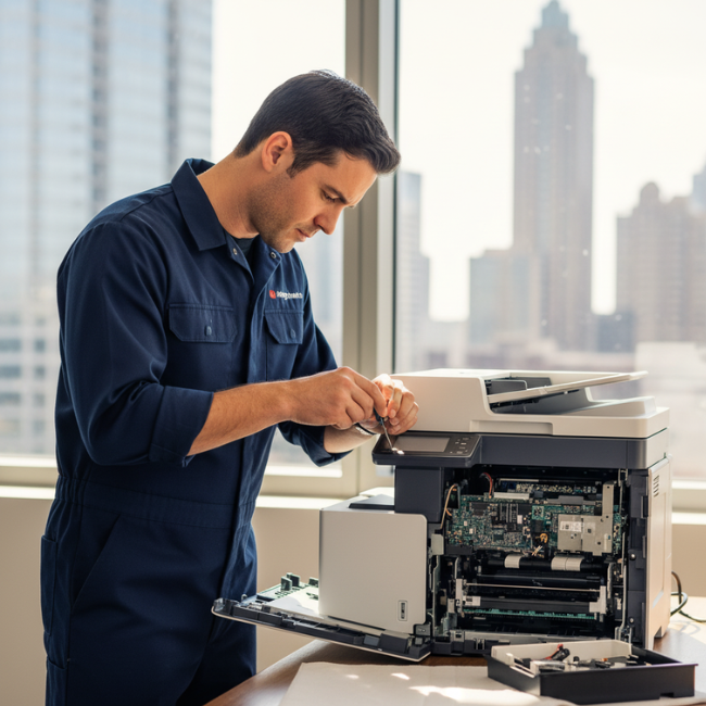 Technician providing printer service contract maintenance in an Atlanta office