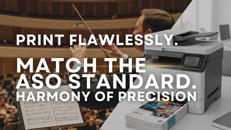 High-quality color copier lease in Atlanta. A blend of the Atlanta Symphony Orchestra and a modern MFP printer, symbolizing precision and excellence in corporate print quality.