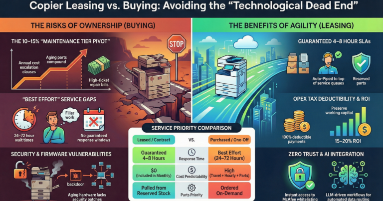 Infographic comparing the risks of copier ownership like high repair bills versus leasing benefits like guaranteed 4-8 hour SLAs.