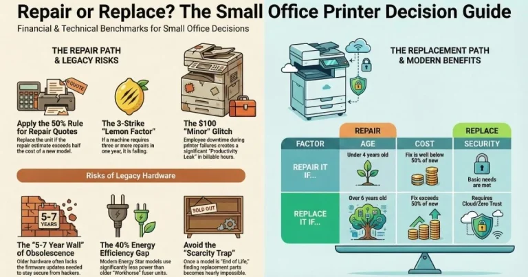 A financial tipping point matrix for Printer Repair in Atlanta businesses, highlighting the scarcity trap and firmware security barriers.