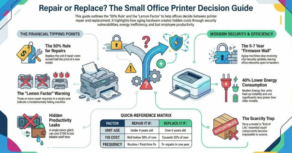 A decision guide for Atlanta businesses showing the 50% rule and the 5-7 year firmware wall for small office printers.