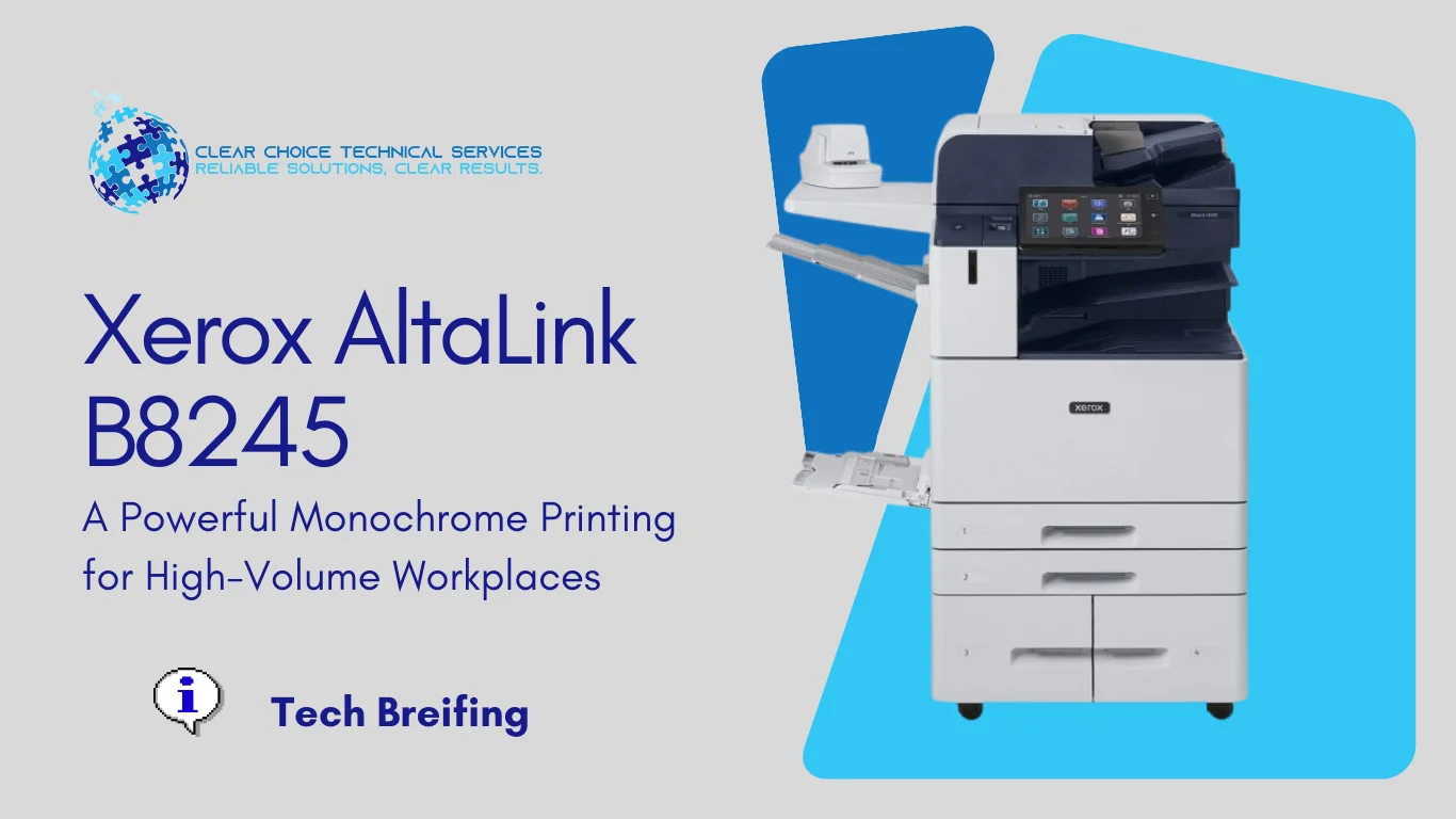 Xerox AltaLink B8245 black-and-white multifunction printer with high-capacity tandem tray and touchscreen at 10 Glenlake Pkwy NE, Atlanta, GA.