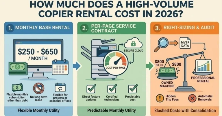 Infographic showing a Copier Rental Cost of $250 to $650 per month in Atlanta, featuring flexible monthly subscriptions and no long-term debt.