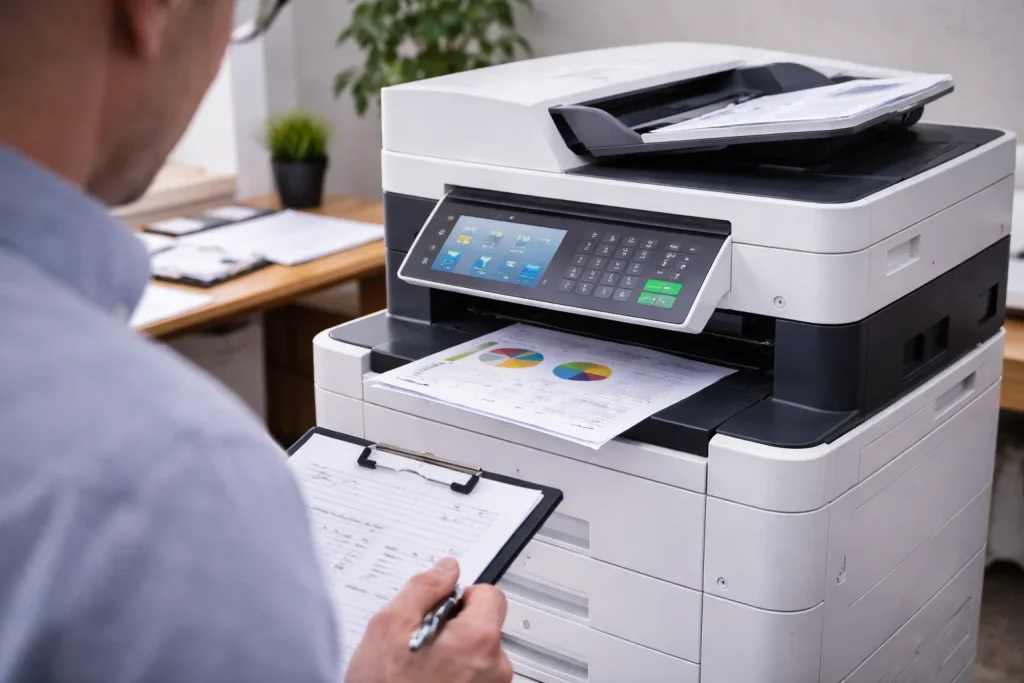 An office worker at 10 Glenlake Parkway NE reviewing high-quality color prints from enterprise-grade multifunction copiers.