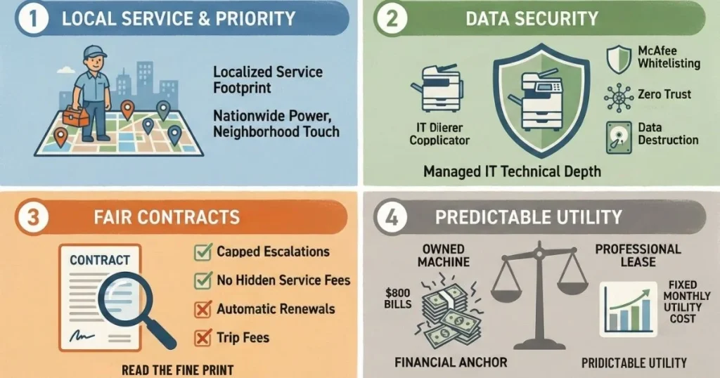 Four-step guide to a Reliable Copier Lease in Atlanta, covering local service footprints, Data Security, Fair Contracts, and Predictable Utility.