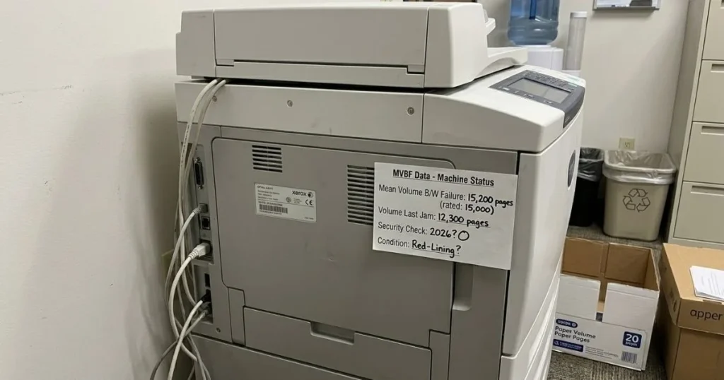 Back view of a Xerox copier featuring a machine status sign showing an MVBF of 15,200 pages.