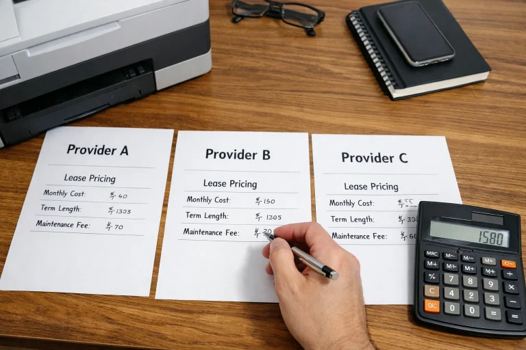 A business professional in Atlanta comparing copier lease pricing quotes from three different providers with a calculator and office hardware.