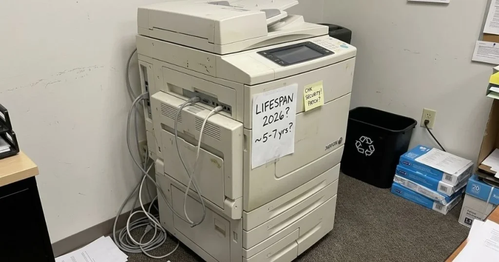 An older Xerox copier in an office corner with a note asking for security patch checks for the 2026 lifespan.
