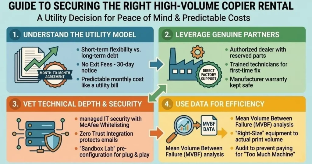 Guide to securing the right high-volume Copier Rental Cost in Atlanta, focusing on McAfee Whitelisting, Zero Trust, and factory support.