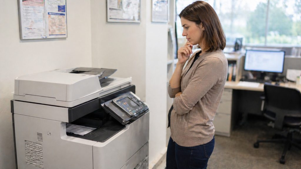 Business woman standing beside an office copier thinking about whether to buy or lease in Atlanta