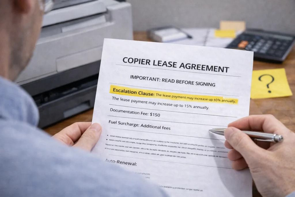 Person reviewing a Copier Lease Agreement that shows a potential fifteen percent annual increase in payments.