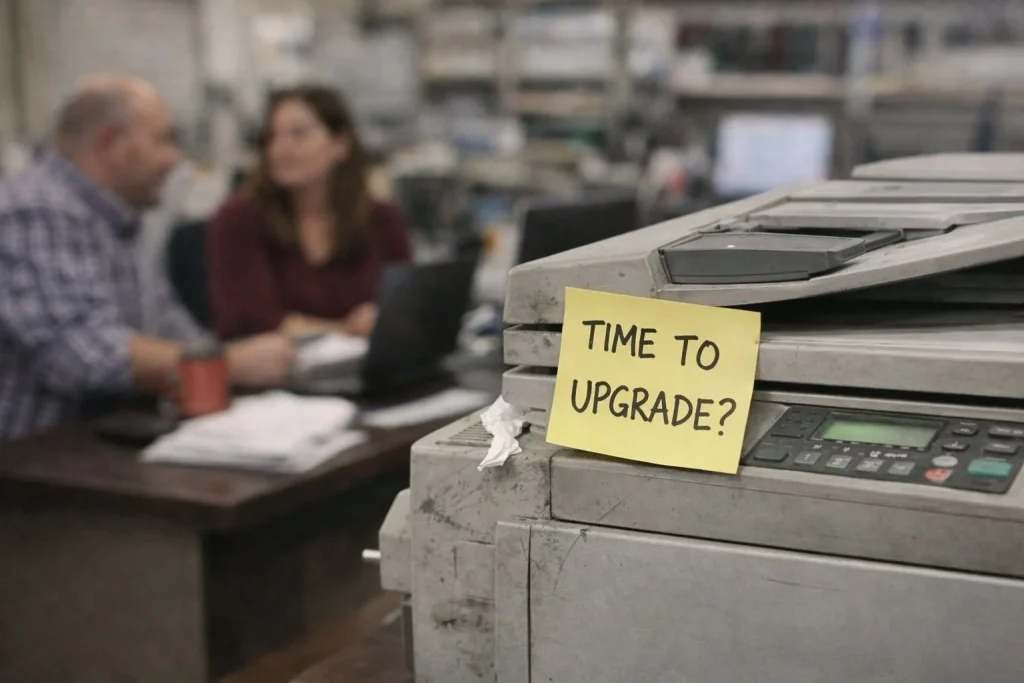 Office workers discussing business in the background of a printer marked for a copier upgrade.
