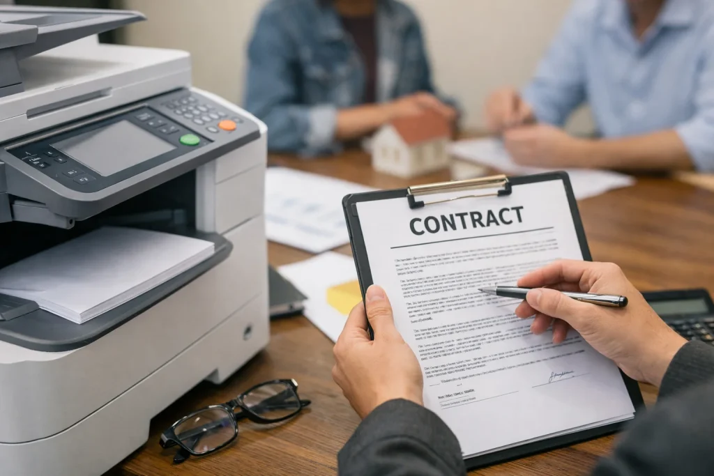 A close-up of a business professional reviewing an Atlanta copier lease contract to avoid traps.