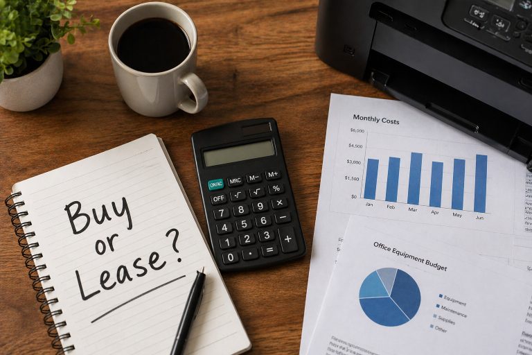 Notepad with "Buy or Lease?" written next to monthly cost charts and a printer for Atlanta businesses