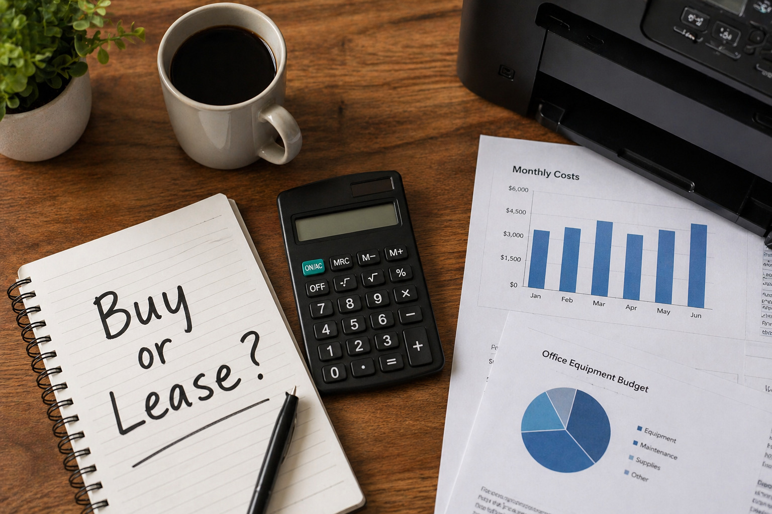 Notepad with "Buy or Lease?" written next to monthly cost charts and a printer for Atlanta businesses