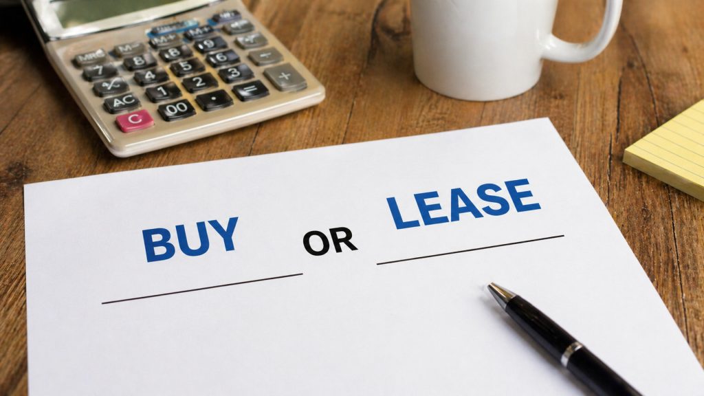 Buy or lease a copier decision document on a desk with a calculator in Atlanta office