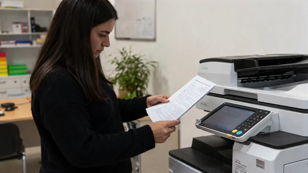 A woman standing by an office copier reviewing a document for Atlanta copier lease traps.