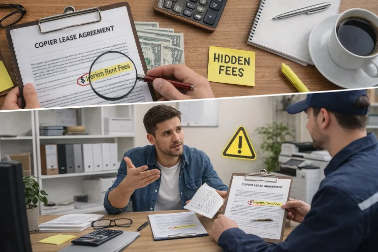 A split image showing a magnifying glass highlighting "Interim Rent Fees" and a man discussing Atlanta copier lease traps.