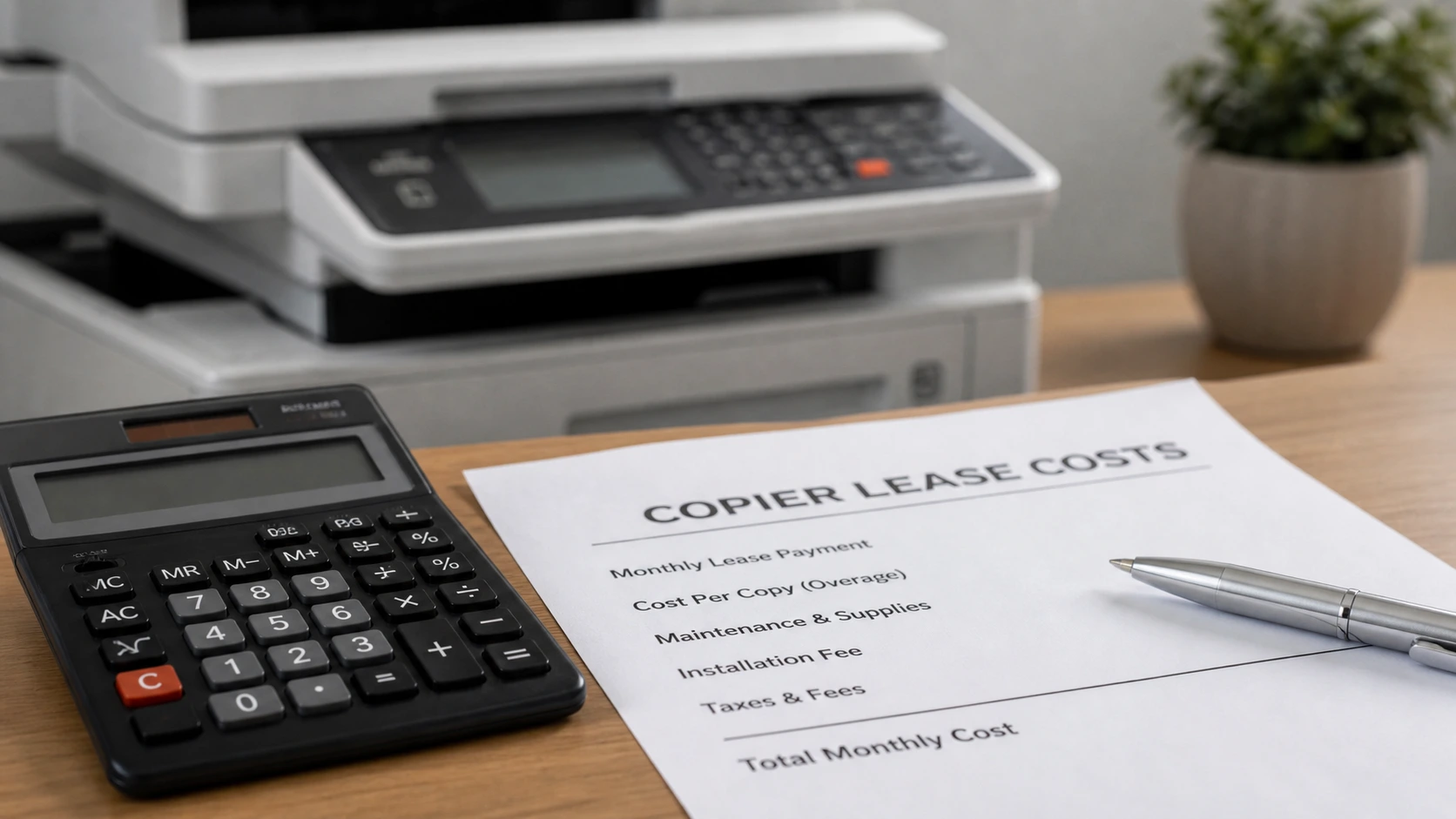 Copier lease costs document showing monthly payment breakdown with calculator and copier for Atlanta GA businesses