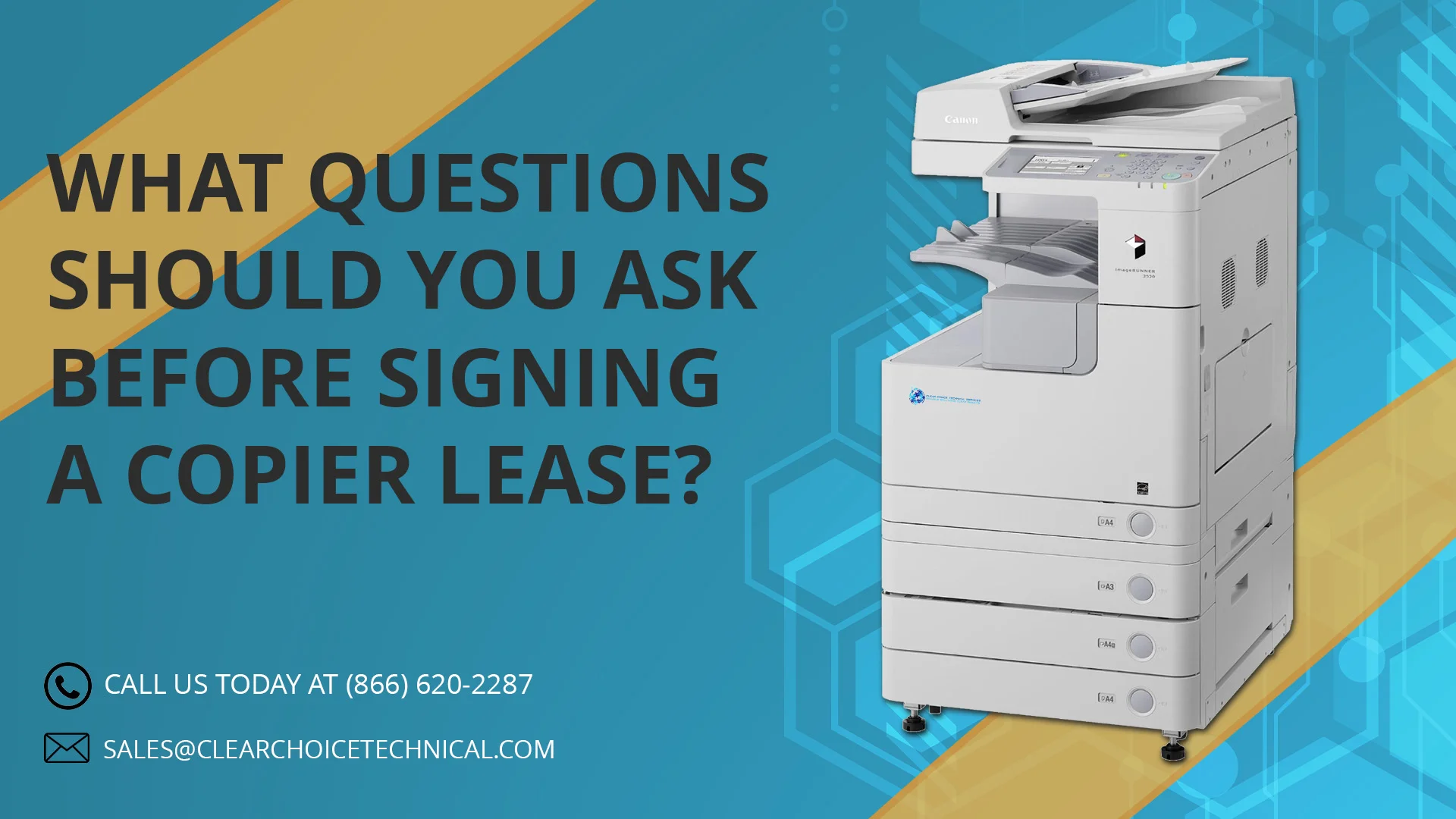 What questions to ask before signing a copier lease in Atlanta GA graphic featuring Canon office copier on teal background