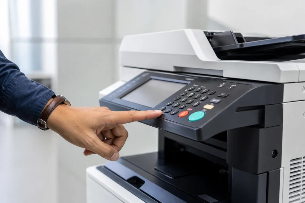 Business person pressing button on office copier control panel for a leased copier in Atlanta GA