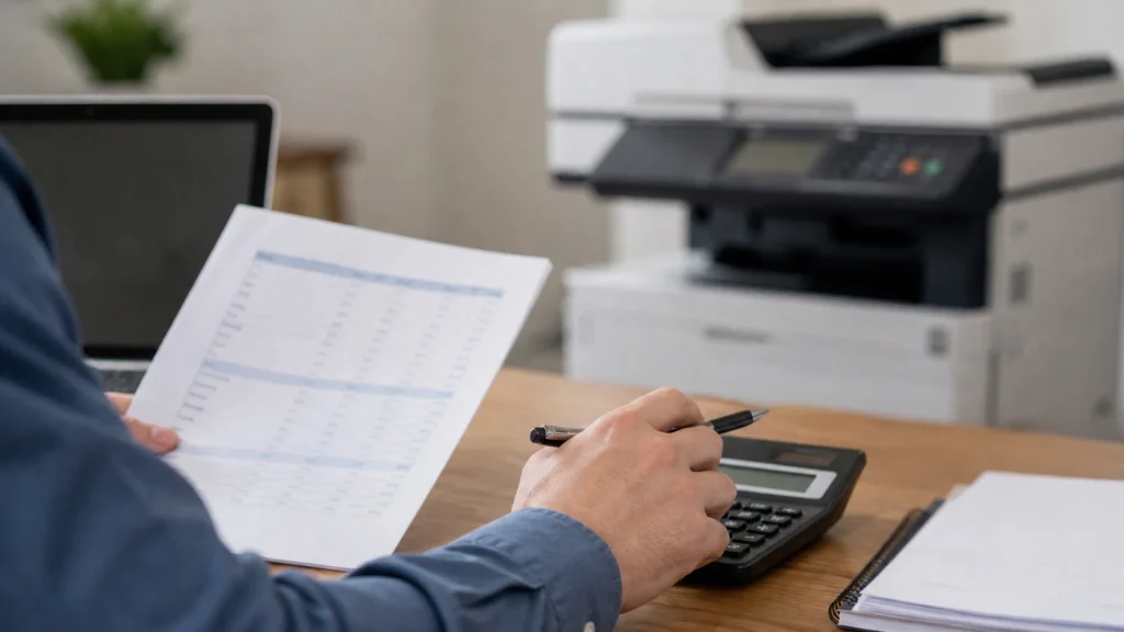 Business owner reviewing financial report with calculator while budgeting for copier lease costs in Atlanta GA
