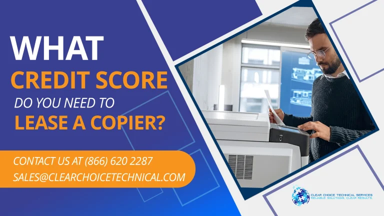 Corporate banner asking "What Credit Score Do You Need to Lease a Copier?" featuring a man using an office printer.