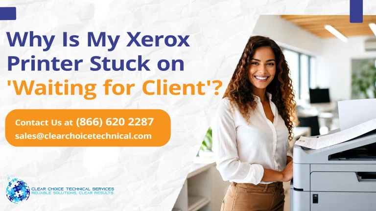 Troubleshooting graphic titled "Why Is My Xerox Printer Stuck on 'Waiting for Client'?" featuring a smiling woman standing by a printer.