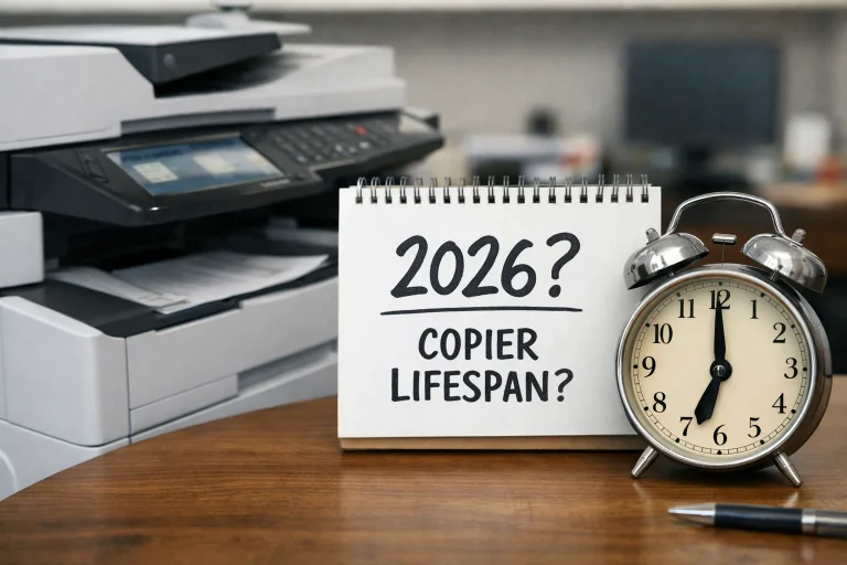 A desktop calendar and alarm clock next to a modern office copier questioning the average lifespan in 2026.